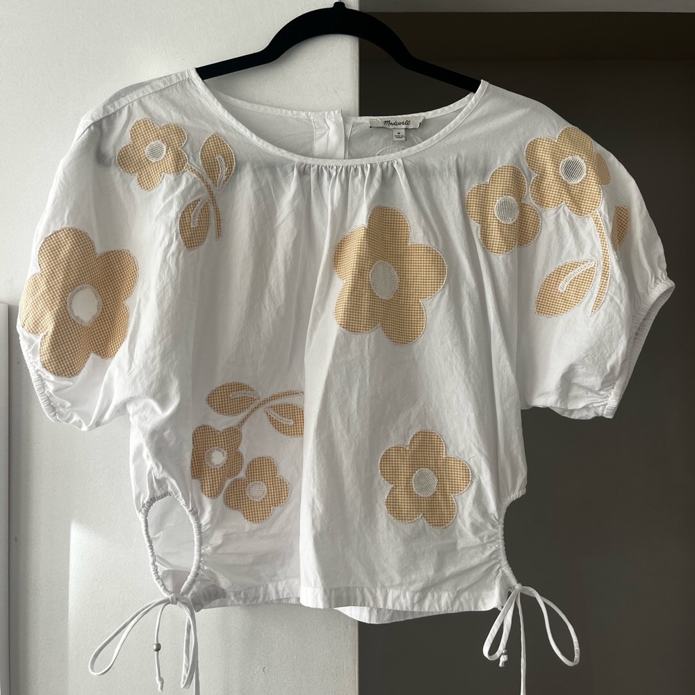 Madewell White and Tan Floral Blouse